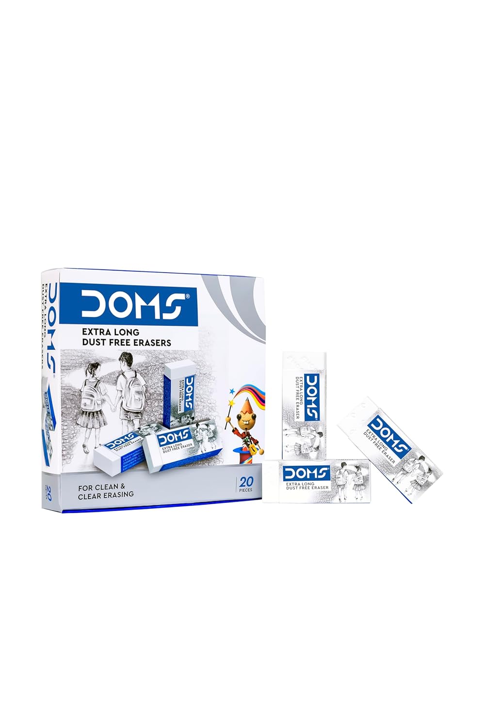 Doms Extra Long Dust Free Erasers - Break-Resistant, Premium Quality, 20 pcs (Pack of 1)